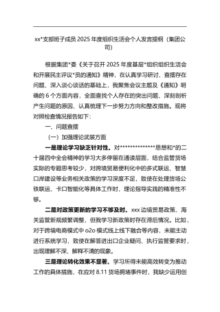 支部班子成员2025年度组织生活会个人发言提纲（集团公司）