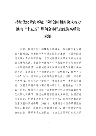持续优化营商环境+不断创新招商模式着力推动“十五五”期间全市民营经济高质量发展