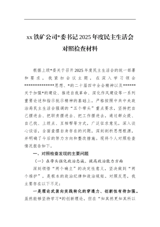 铁矿公司书记2025年度民主生活会对照检查材料