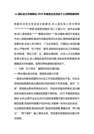县社会工作部部长2025年度民主生活会个人对照检查材料
