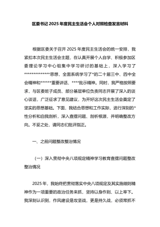 区委书记2025年度民主生活会个人对照检查发言材料