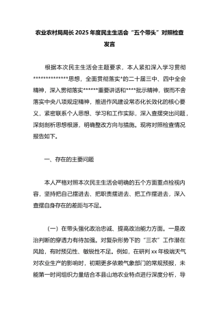 农业农村局局长2025年度民主生活会“五个带头”对照检查发言