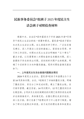 民族事务委员会班子2025年度民主生活会班子对照检查材料