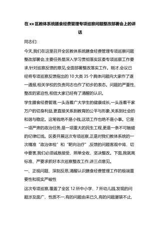 在XX区教体系统膳食经费管理专项巡察问题整改部署会上的讲话