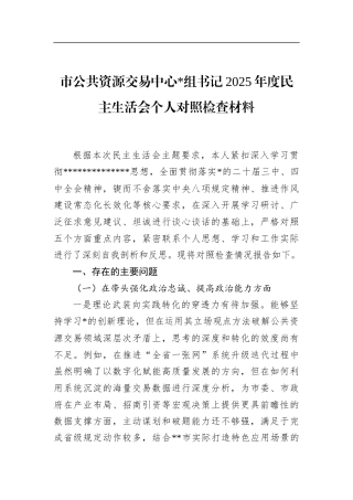 市公共资源交易中心书记2025年度民主生活会个人对照检查材料