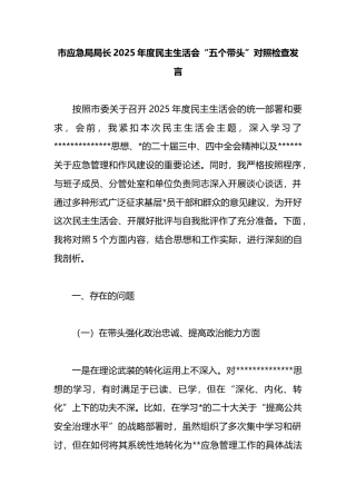 市应急局局长2025年度民主生活会“五个带头”对照检查发言