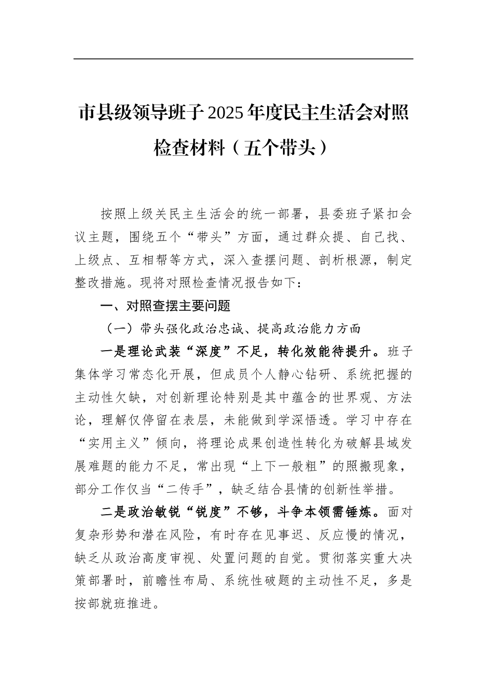 市县级领导班子2025年度民主生活会对照检查材料（五个带头）_第1页