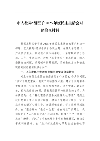 市人社局班子2025年度民主生活会对照检查材料