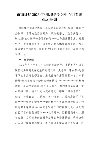 市审计局2026年理论学习中心组专题学习计划