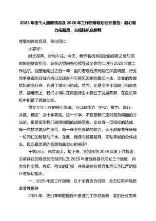 2025年度个人履职情况及2026年工作统筹规划述职报告：凝心聚力拓新局，奋楫扬帆启新程