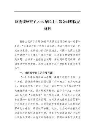 区委领导班子2025年民主生活会对照检查材料