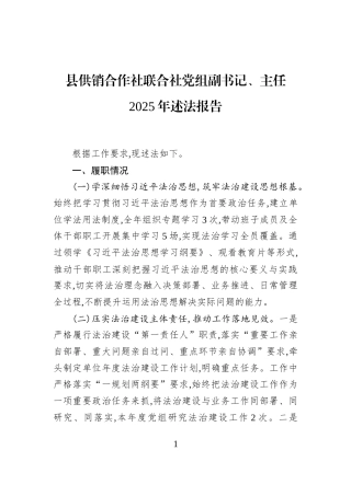 县供销合作社联合社党组副书记、主任2025年述法报告
