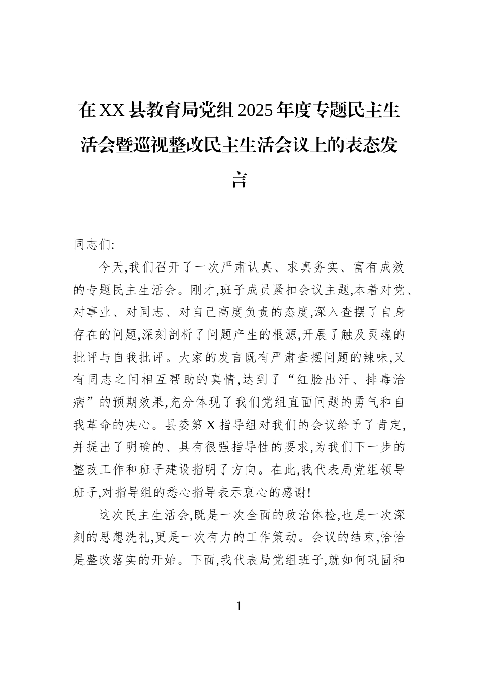 在XX县教育局党组2025年度专题民主生活会暨巡视整改民主生活会议上的表态发言_第1页