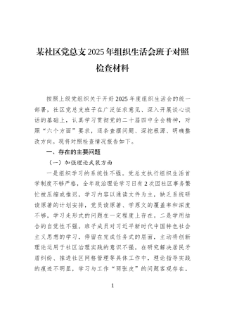 某社区党总支2025年组织生活会班子对照检查材料