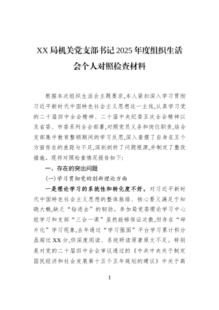 XX局机关党支部书记2025年度组织生活会个人对照检查材料