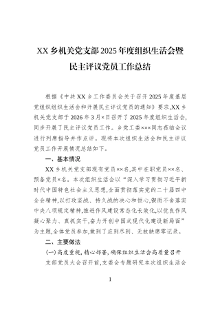 XX乡机关党支部2025年度组织生活会暨民主评议党员工作总结