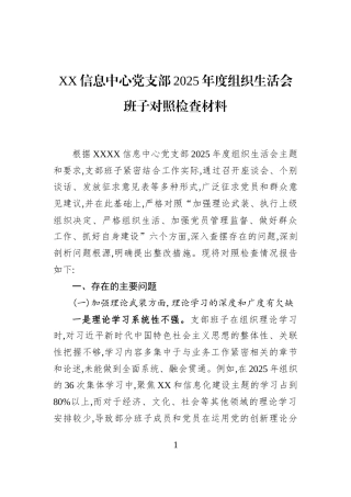 XX信息中心党支部2025年度组织生活会班子对照检查材料