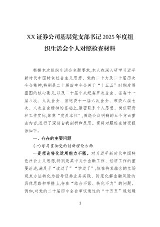 XX证券公司基层党支部书记2025年度组织生活会个人对照检查材料