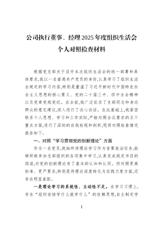 公司执行董事、经理2025年度组织生活会个人对照检查材料