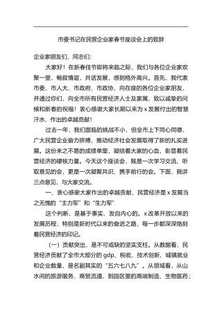 市委书记在民营企业家春节座谈会上的致辞