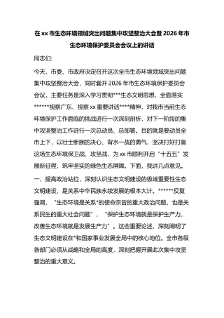在XX市生态环境领域突出问题集中攻坚整治大会暨2026年市生态环境保护委员会会议上的讲话