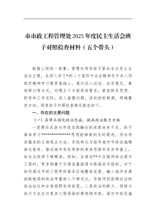 市市政工程管理处2025年度民主生活会班子对照检查材料（五个带头）