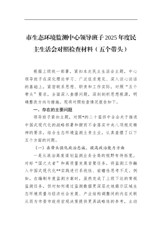 市生态环境监测中心领导班子2025年度民主生活会对照检查材料（五个带头）