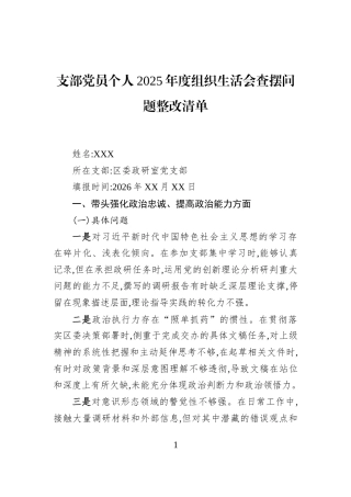 支部党员个人2025年度组织生活会查摆问题整改清单