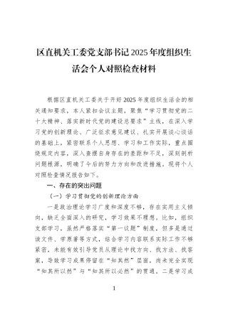 区直机关工委党支部书记2025年度组织生活会个人对照检查材料