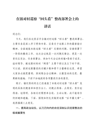 在镇对村巡察“回头看”整改部署会上的讲话