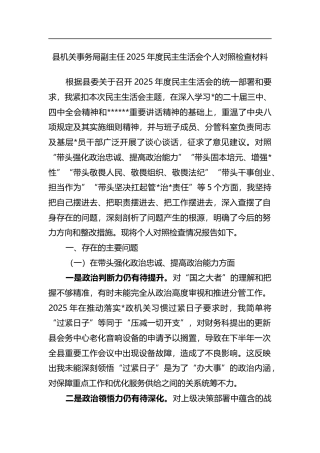 县机关事务局副主任2025年度民主生活会个人对照检查材料