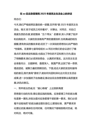 在XX区应急管理局2025年度民主生活会上的讲话