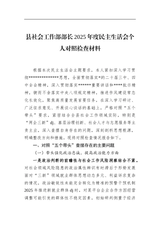 县社会工作部部长2025年度民主生活会个人对照检查材料