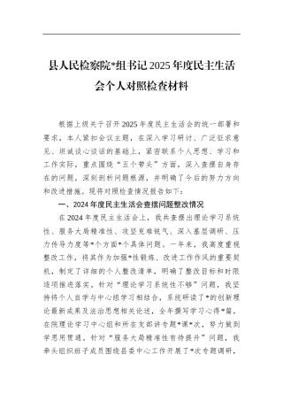 县人民检察院书记2025年度民主生活会个人对照检查材料
