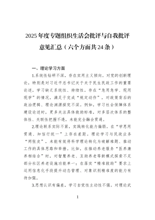 2025年度专题组织生活会批评与自我批评意见汇总（六个方面共24条）