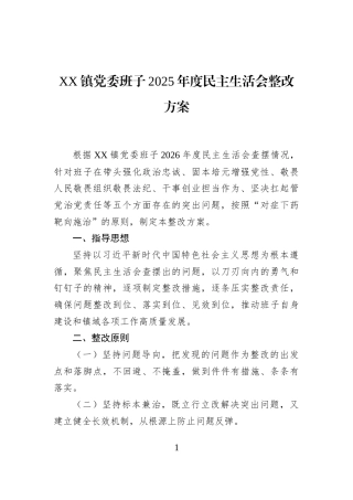 XX镇党委班子2025年度民主生活会整改方案