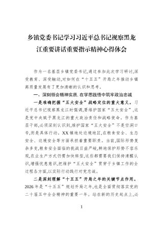 乡镇党委书记学习习近平总书记视察黑龙江重要讲话重要指示精神心得体会