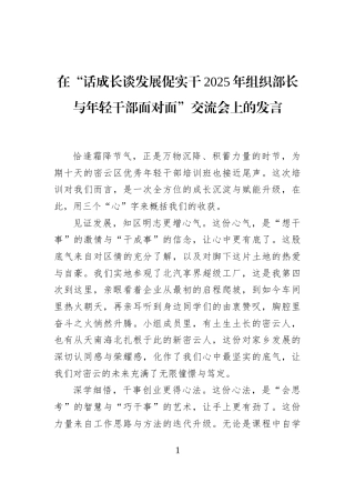 在“话成长谈发展促实干2025年组织部长与年轻干部面对面”交流会上的发言