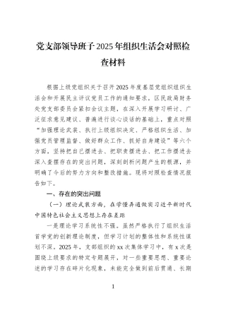 党支部领导班子2025年组织生活会对照检查材料