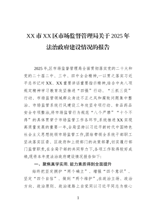XX市XX区市场监督管理局关于2025年法治政府建设情况的报告