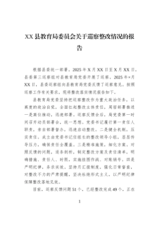 XX县教育局委员会关于巡察整改情况的报告