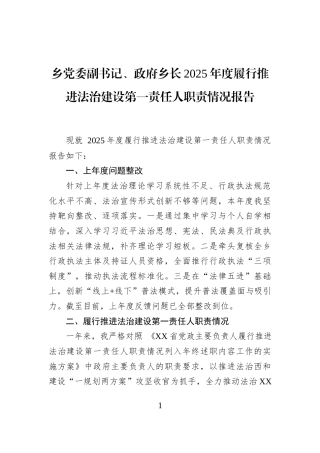 乡党委副书记、政府乡长2025年度履行推进法治建设第一责任人职责情况报告