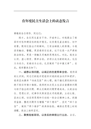 在年度民主生活会上的表态发言