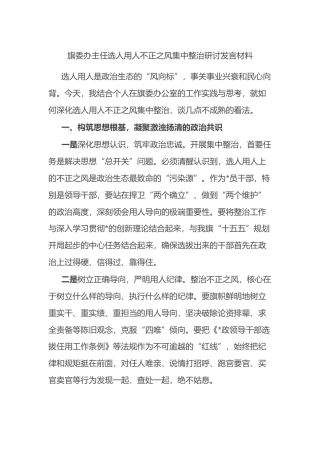 旗委办主任选人用人不正之风集中整治研讨发言材料