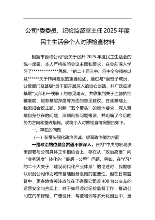 公司党委委员、纪检监督室主任2025年度民主生活会个人对照检查材料