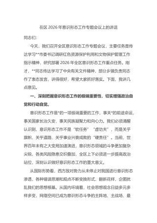 在区2026年意识形态工作专题会议上的讲话