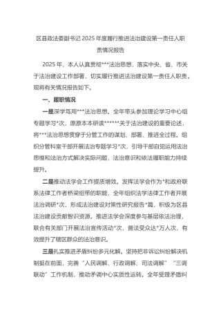 区县政法委副书记2025年度履行推进法治建设第一责任人职责情况报告