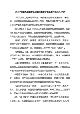2025年度民主生活会及组织生活会相互批评意见120条
