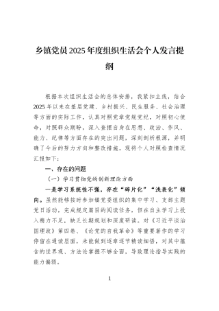 乡镇党员2025年度组织生活会个人发言提纲