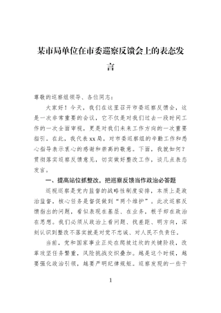 某市局单位在市委巡察反馈会上的表态发言